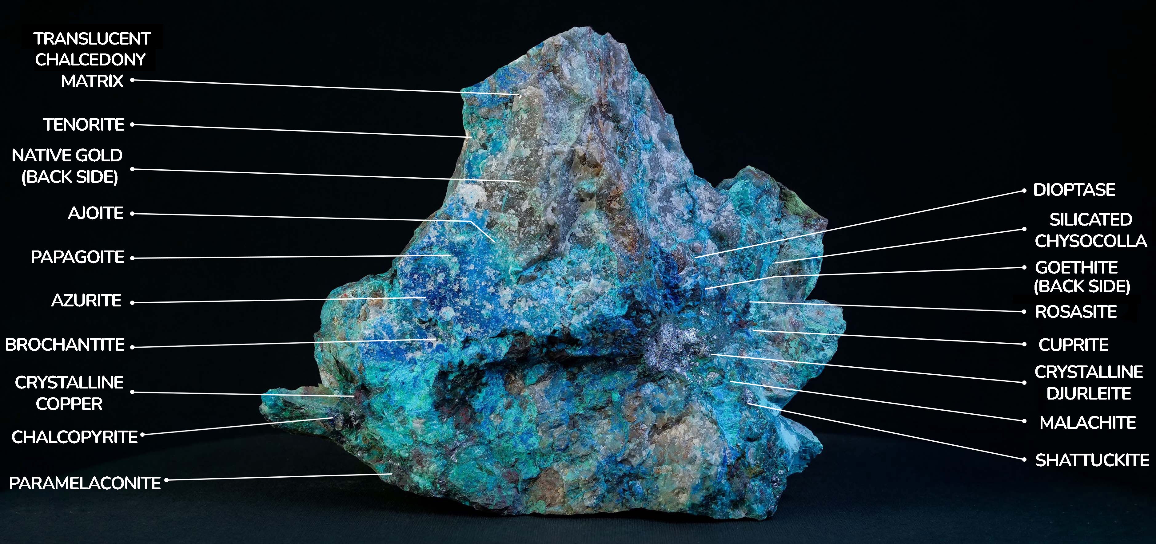 Labeled Canyonite mineral specimen showing Papagoite and associated copper-mineral zones preserved in silica