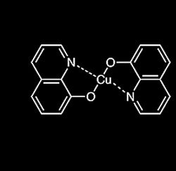 Chemical structure of a copper complex with two nitrogen atoms bonded to it on a black background