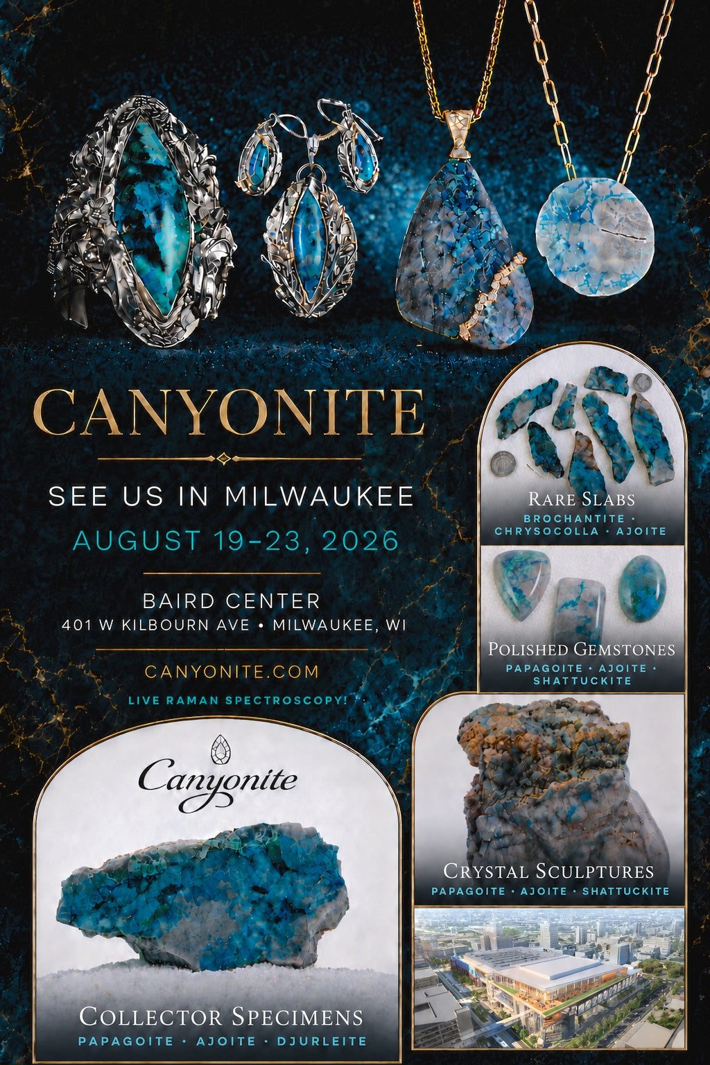 Canyonite Milwaukee show featuring gemstones, specimens, jewelry and live Raman spectroscopy